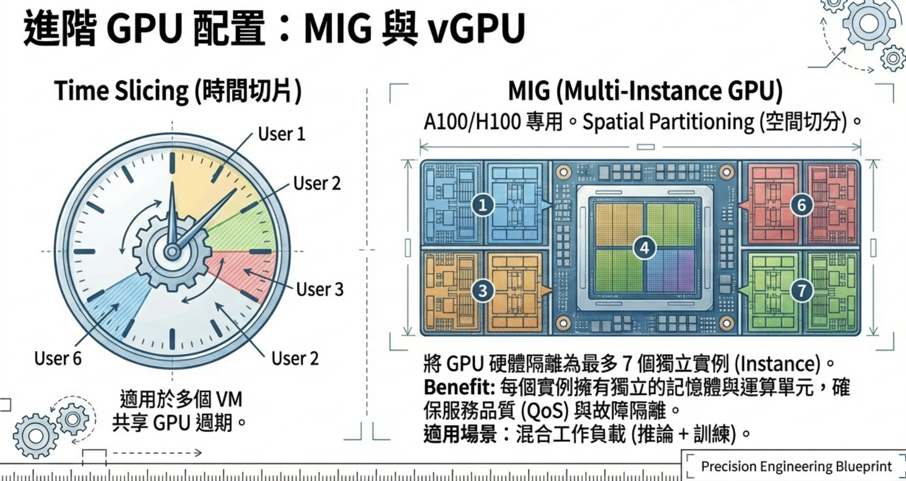 MIG 與 vGPU 切割策略示意